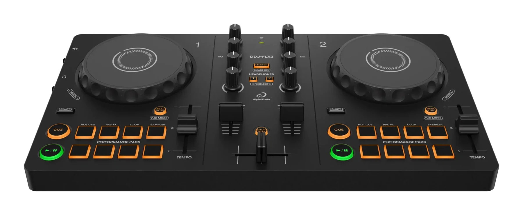 AlphaTheta DDJ-FLX2 DJ-Controller mit zwei Decks von schräg oben