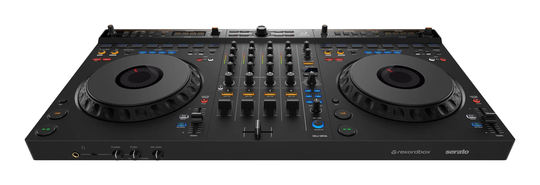 AlphaTheta DDJ-GRV6 4-Kanal-DJ-Controller von schräg oben