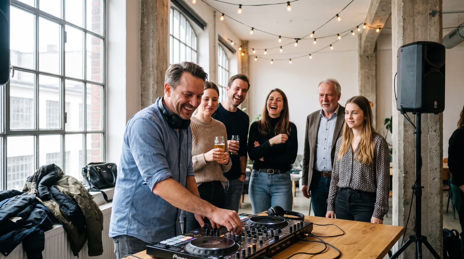 Team beim DJ-Workshop als Firmenevent in Hamburg, ein Kollege legt am Controller auf, die Runde schaut lachend zu
