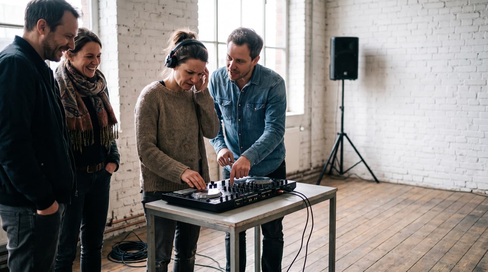 Gruppe Erwachsener beim DJ-Workshop in Hamburg, eine Teilnehmerin mit Kopfhörer am Controller