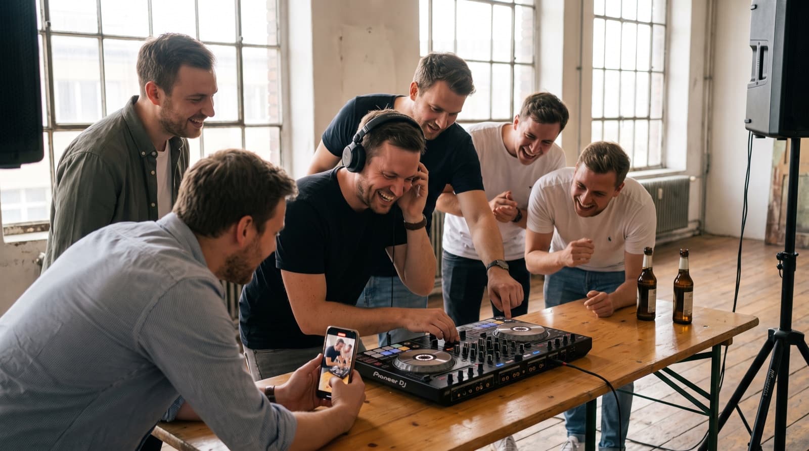 Gruppe von Freunden beim JGA-DJ-Workshop in Hamburg, einer legt mit Kopfhörern auf, die anderen feuern ihn an