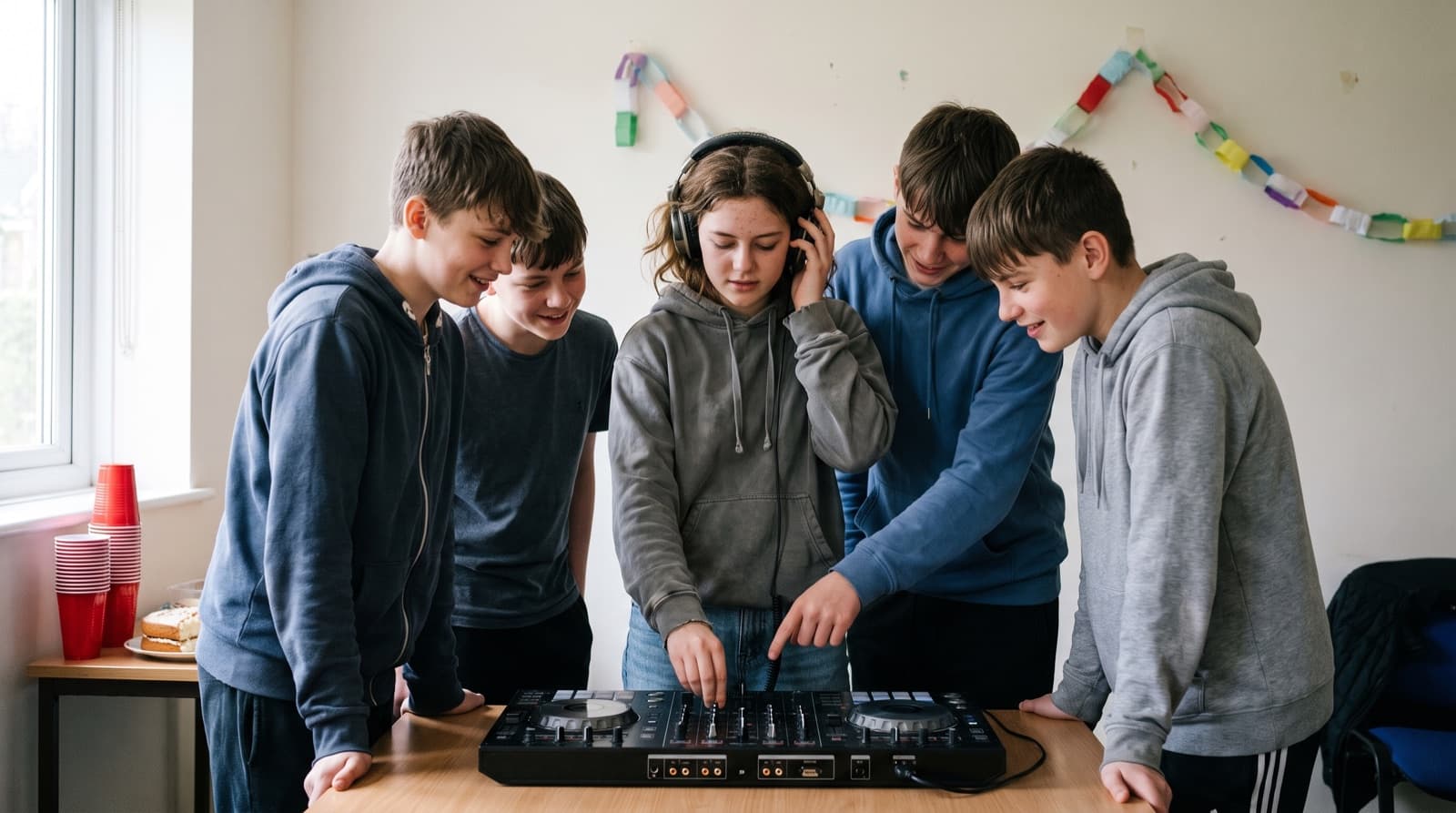 Jugendliche am DJ-Controller beim Kindergeburtstag in Hamburg, eine legt mit Kopfhörer auf